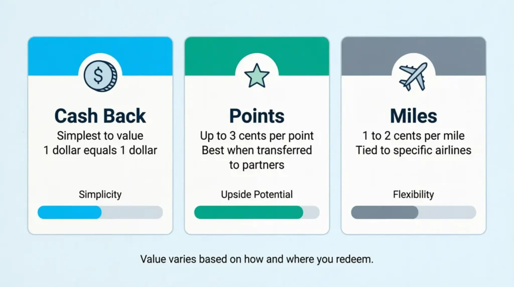 Three panel comparison showing cash back points and miles side by side with value ratings