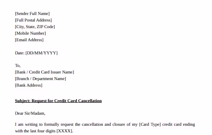 Credit card cancellation request letter template preview screenshot
