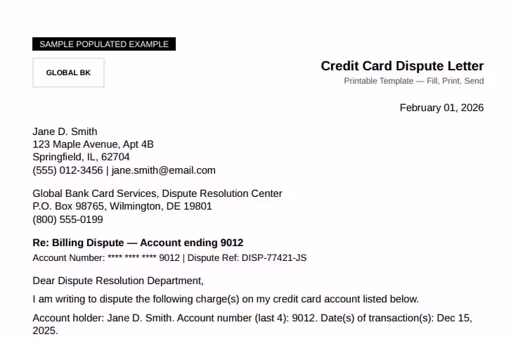 Credit card dispute template preview screenshot