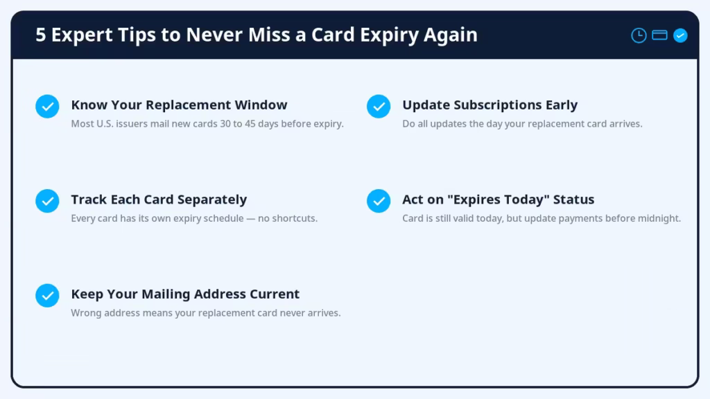 Five-item checklist infographic listing expert tips for managing credit card expiry dates and replacement cards
