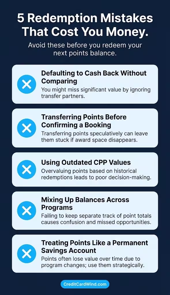Tall checklist infographic listing five common credit card redemption mistakes with brief descriptions of each