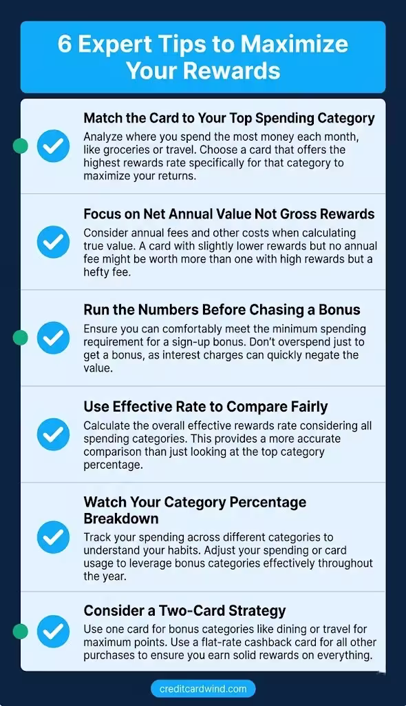 Vertical checklist infographic listing six expert tips for getting more value from credit card rewards