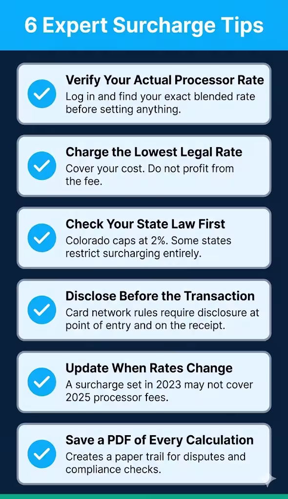 Tall checklist infographic listing six expert tips for merchants adding a credit card surcharge
