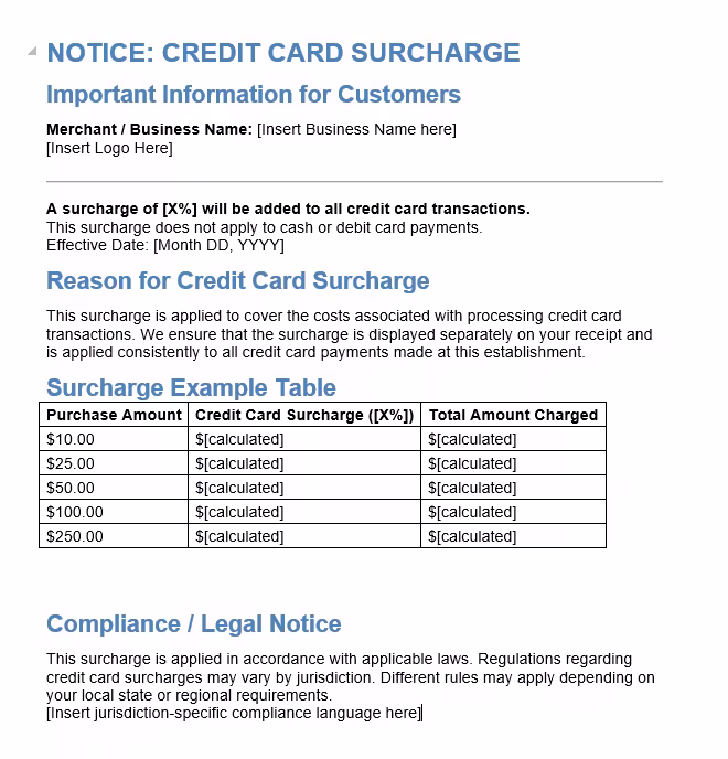 Credit card surcharge notice template screenshot

