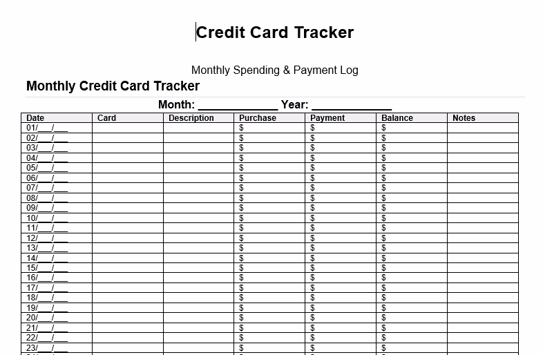 Credit Card Tracker Template Screenshot