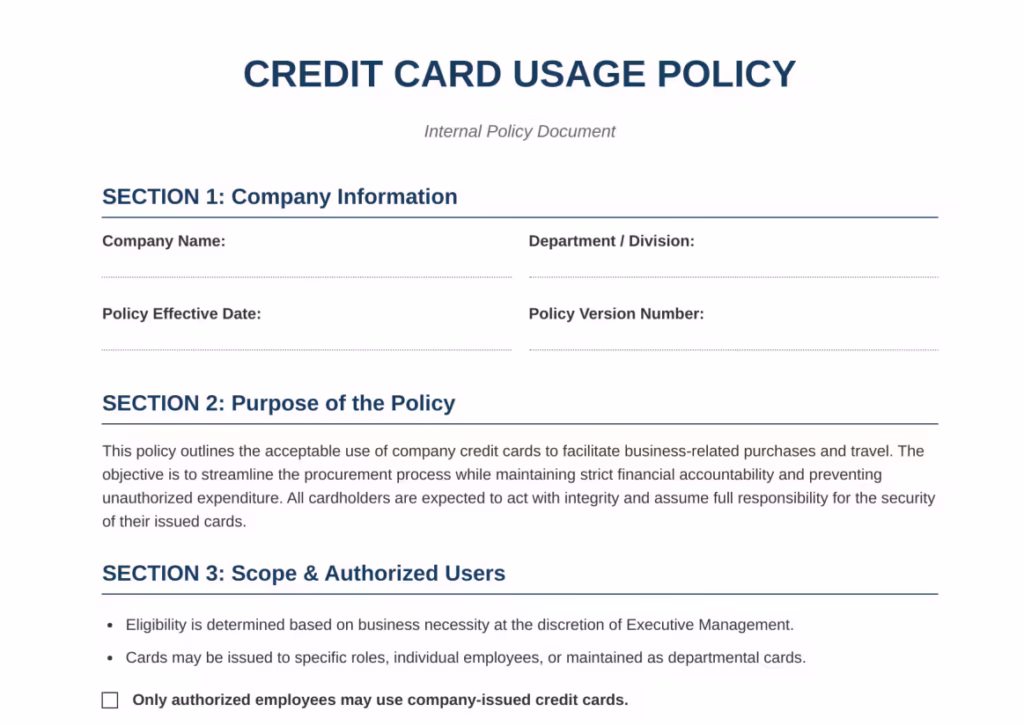 Credit Card Usage Policy Template Screenshot.
