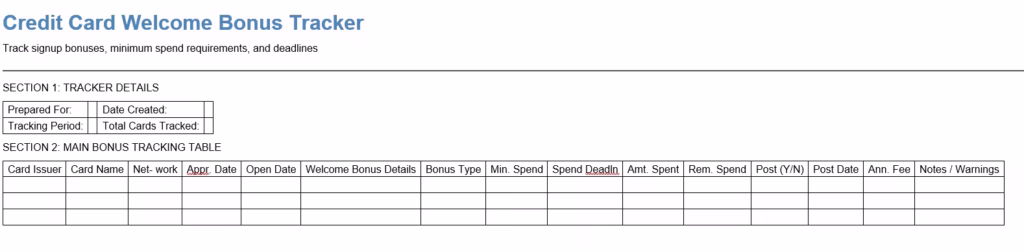 Credit card welcome bonus tracker screenshot


