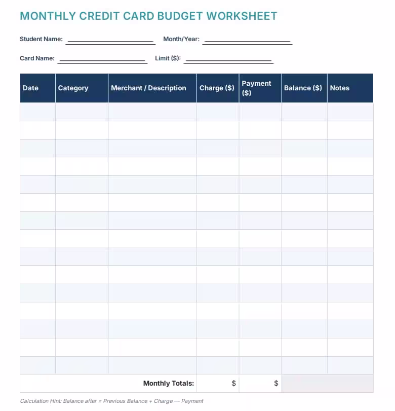 Credit card worksheet for students A4 PDF file screenshot

