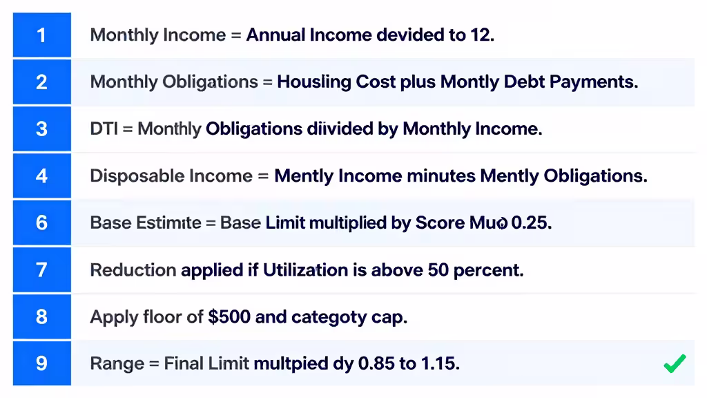 Nine-step formula diagram showing how a credit card limit estimate is calculated