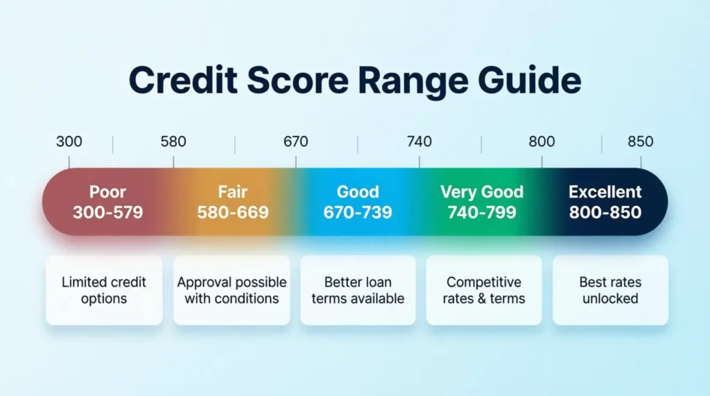 Credit score range guide infographic showing Poor to Excellent rating zones from 300 to 850