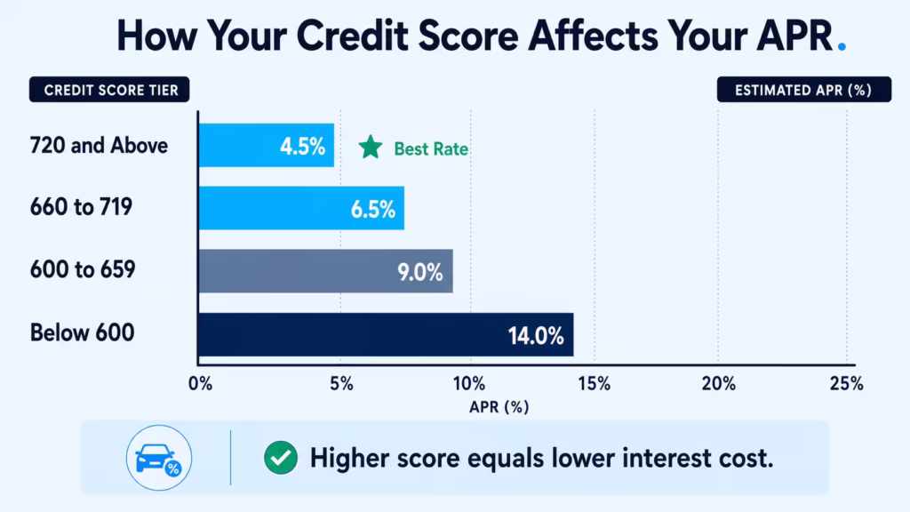 Horizontal bar chart comparing four credit score tiers against their estimated used car loan APR rates