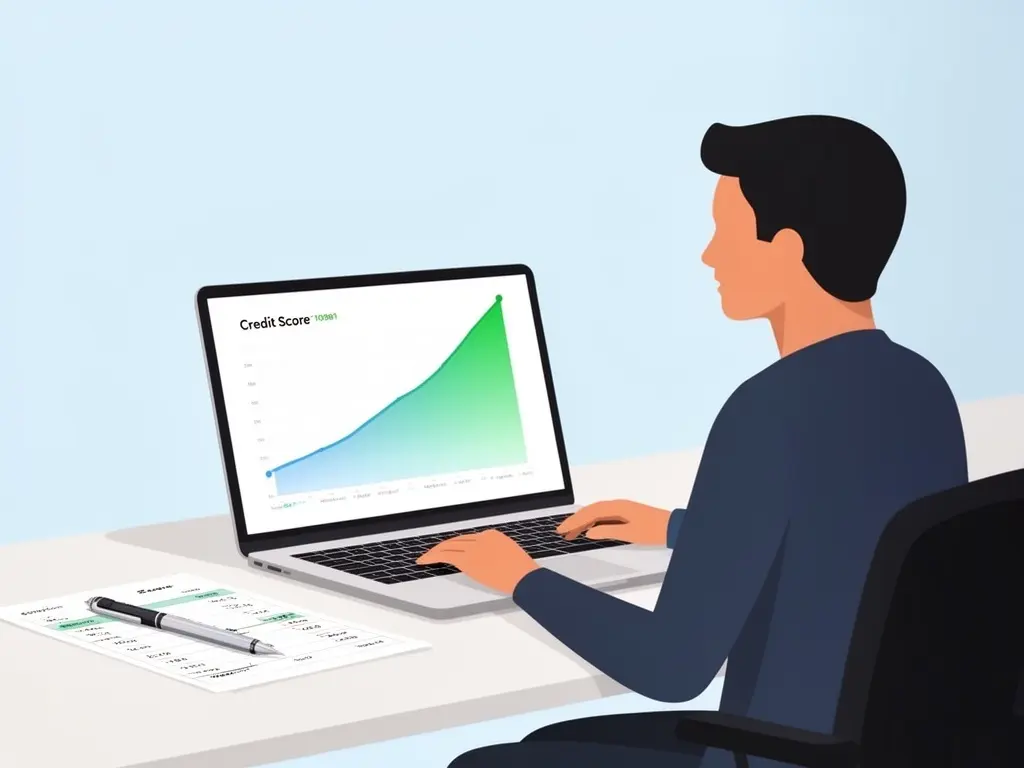 Person tracking credit score progress on a laptop using a monthly credit score tracker