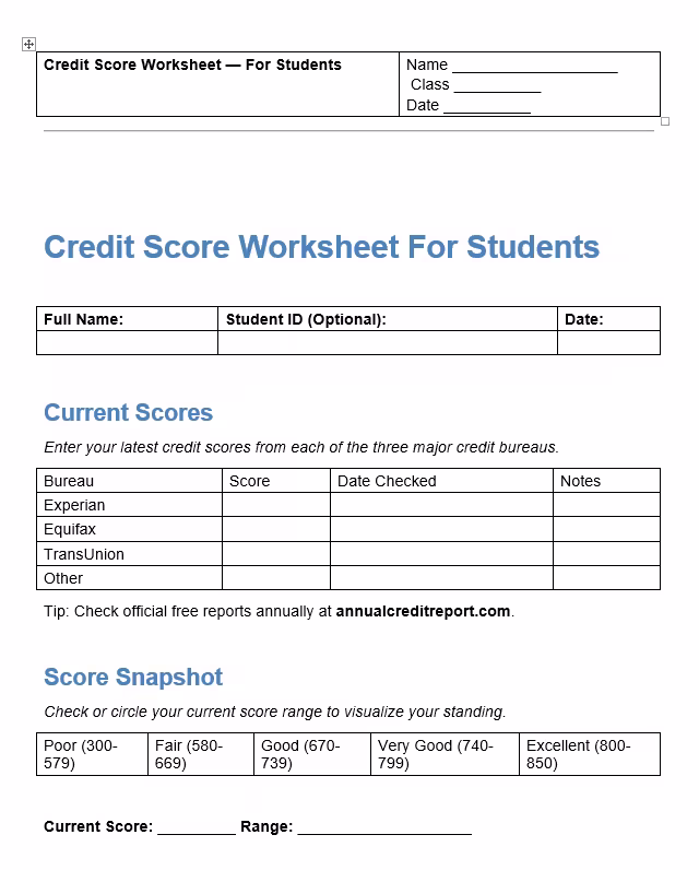 Student credit score worksheet template showing score tracking table and FICO factor checklist
