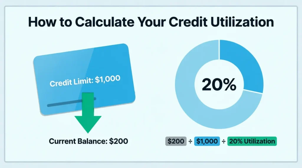 Credit utilization calculation example showing 200 dollar balance on 1000 dollar limit equals 20 percent