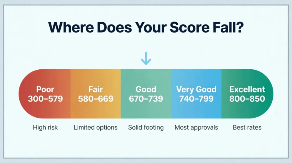FICO credit score range chart from poor to excellent for student credit score worksheet