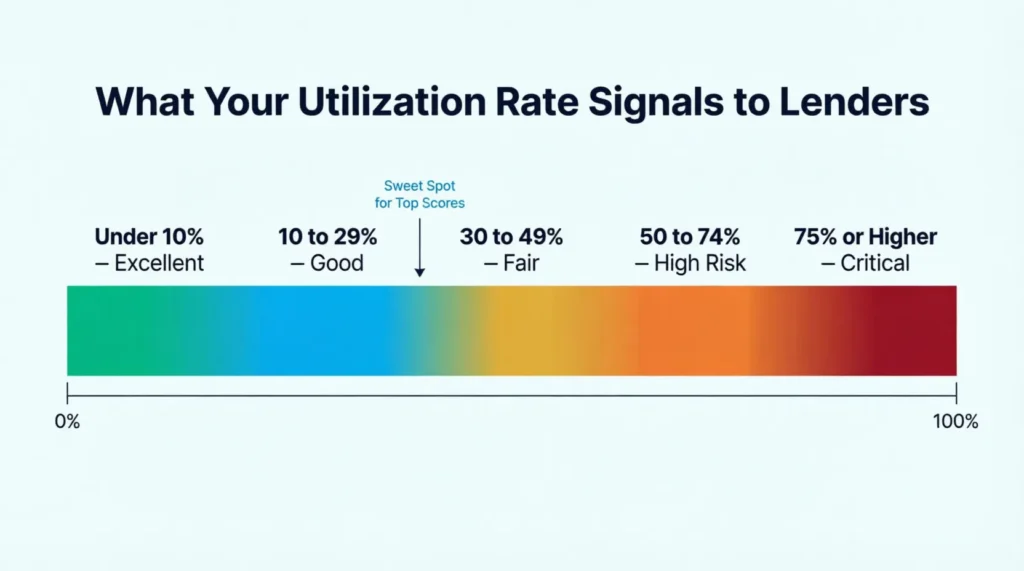 Color-coded horizontal bar showing five credit utilization risk zones from excellent to critical