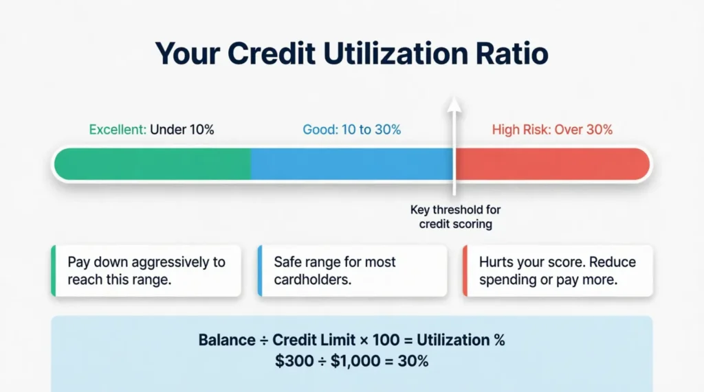 Horizontal bar diagram showing three credit utilization zones from excellent to high risk
