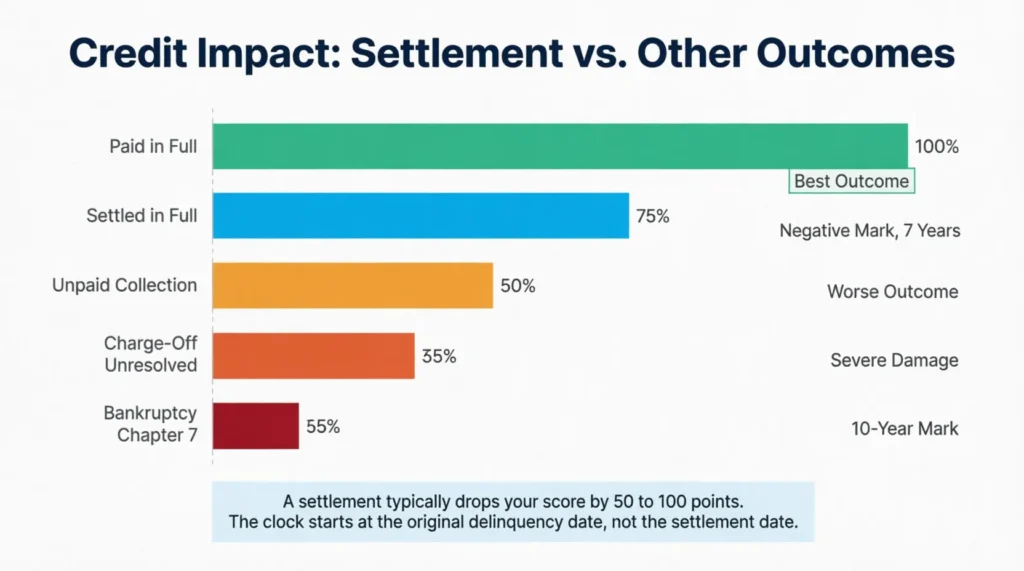 A horizontal bar chart comparing credit score impact across five debt outcomes from paid in full to bankruptcy