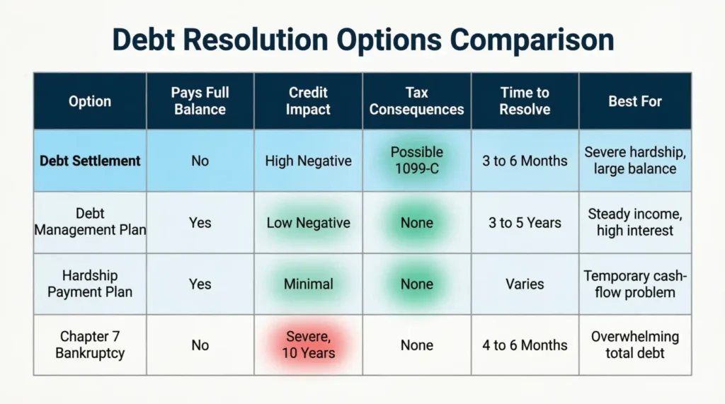 A comparison table showing four debt relief options across five criteria including credit impact and tax consequences
