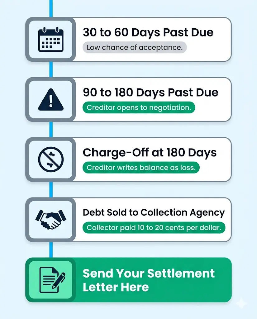 A vertical timeline showing five debt delinquency stages from current to charge-off with negotiation notes