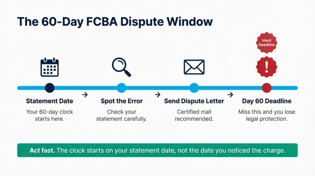 Timeline showing the 60-day window to dispute a credit card charge under the Fair Credit Billing Act