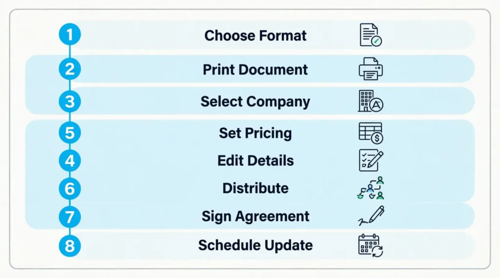 Eight step vertical checklist showing how to set up and distribute a company card policy
