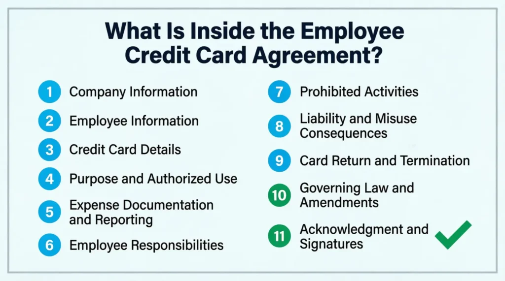 Visual overview of all 11 sections inside the employee credit card agreement template