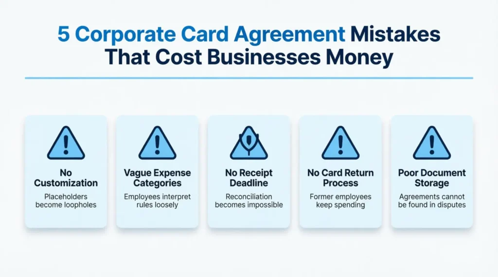 Five common mistakes businesses make with employee credit card agreements shown as warning cards