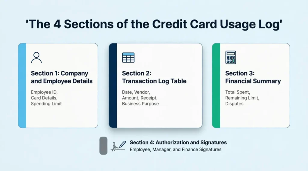 Annotated diagram showing the four main sections of an employee credit card usage log template