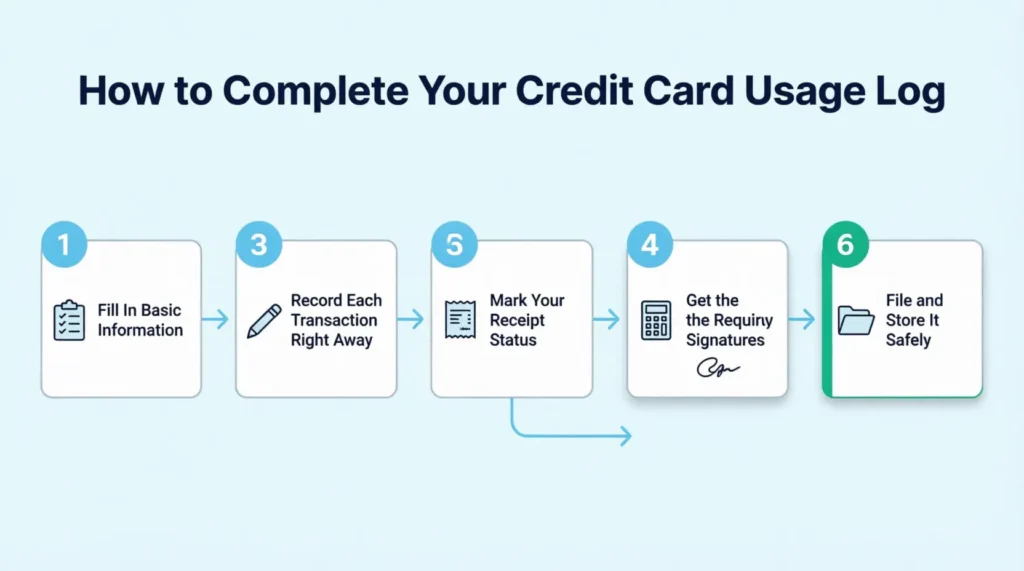 Six-step flowchart showing how to fill out an employee credit card usage log correctly