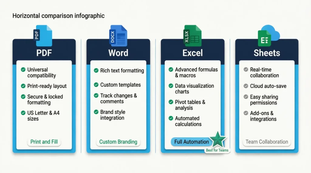 Side by side comparison of PDF Word Excel and Google Sheets expense template formats with key features listed