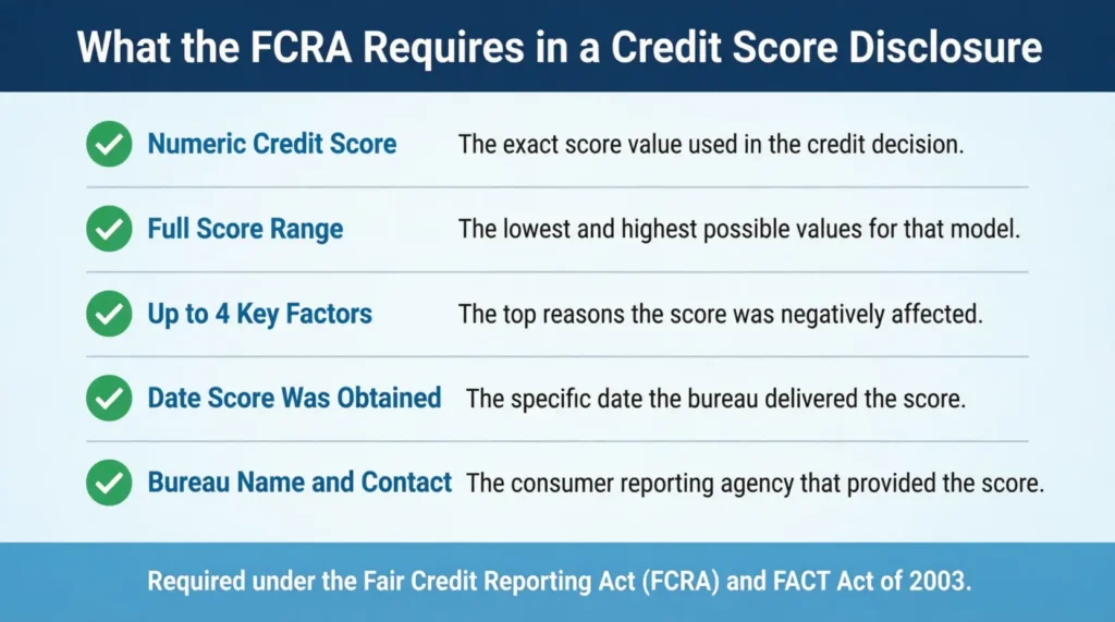 Checklist infographic showing five items the FCRA requires in a credit disclosure notice