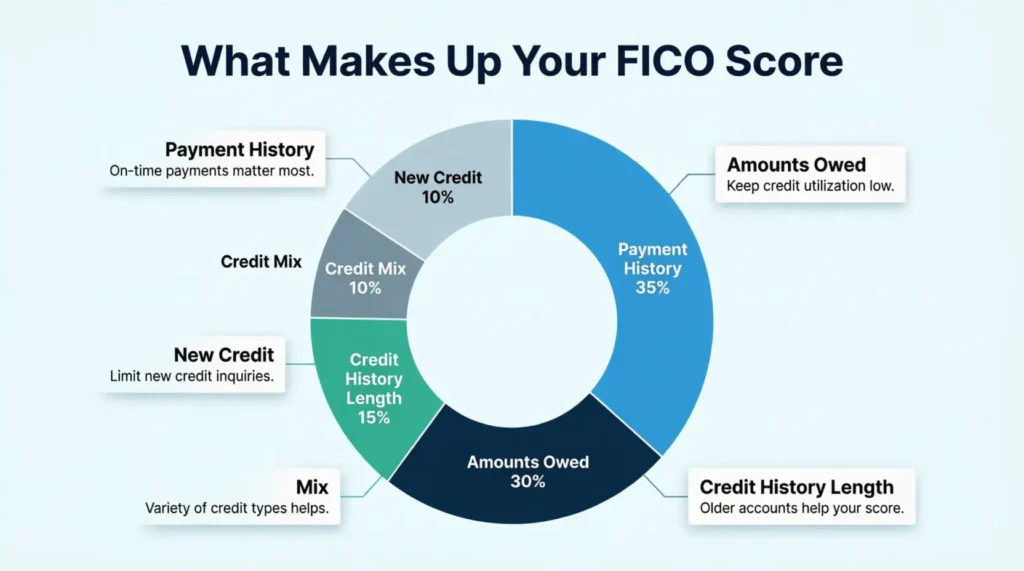 Donut chart infographic showing the five FICO credit score factors and their percentage weights
