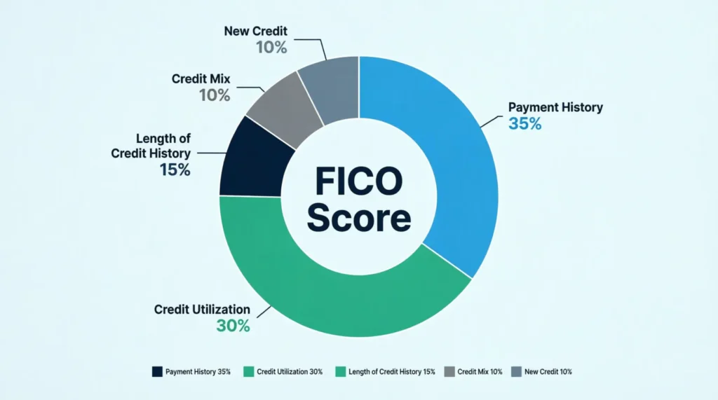 Donut chart breaking down the five factors that make up a FICO credit score