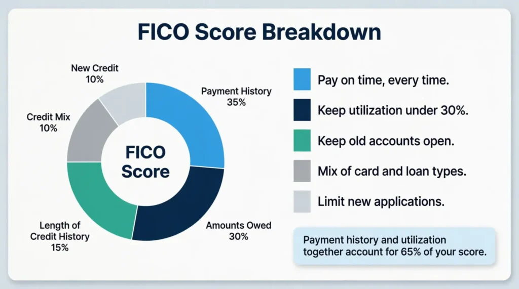 Donut chart breaking down the five factors that make up a FICO credit score by percentage