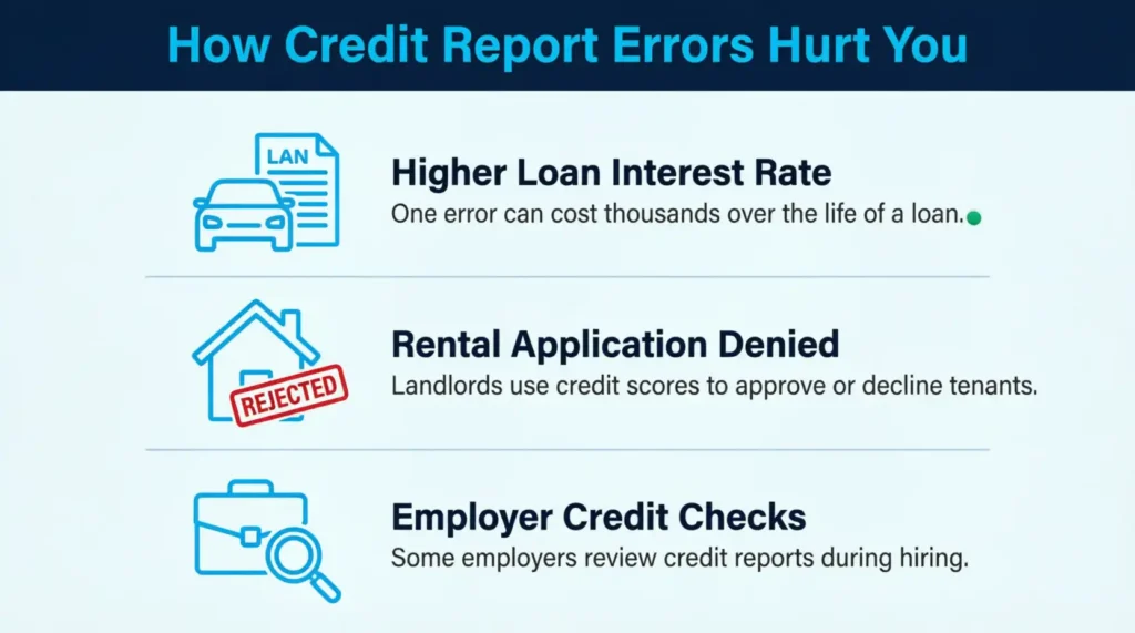 Stacked infographic showing three financial consequences of inaccurate information on a consumer credit file