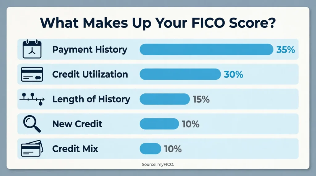 Five FICO credit score factors with percentage weights shown in a student credit worksheet guide