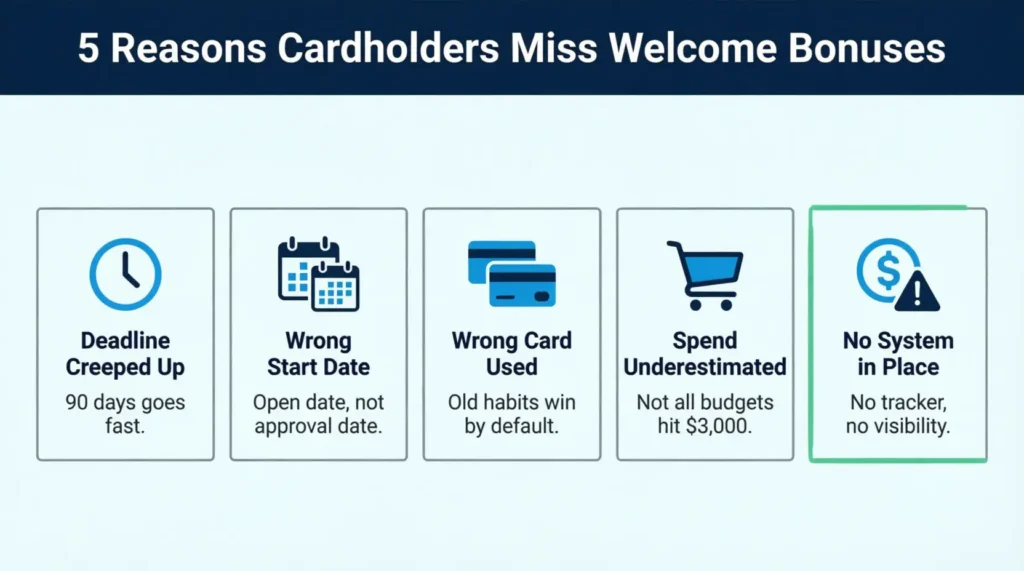 Five illustrated tiles showing the most common reasons people lose credit card signup bonuses