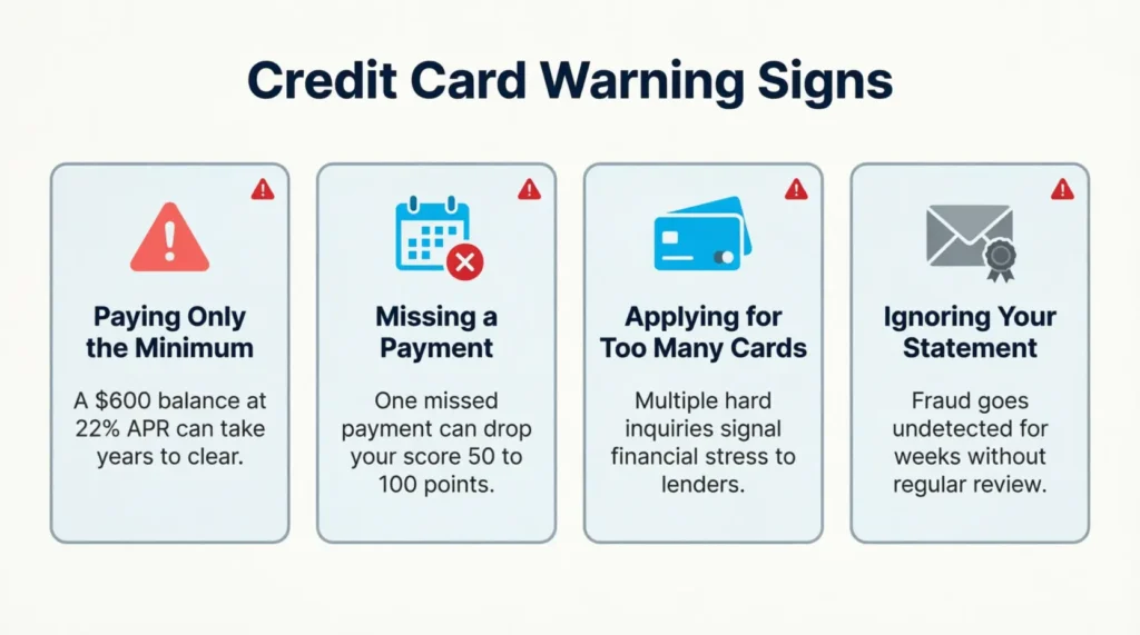 Four warning cards illustrating the most common credit card mistakes made by college students