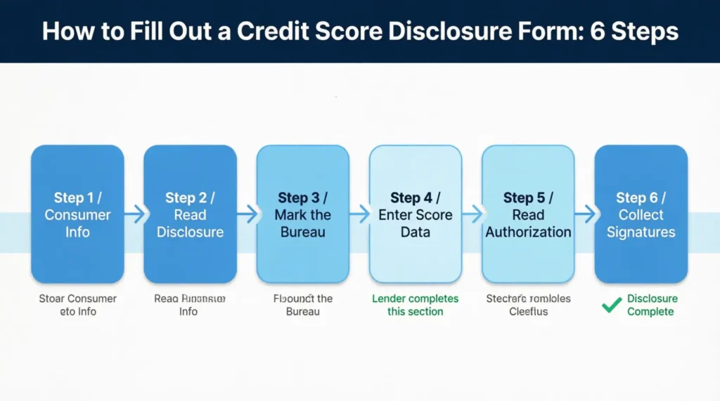 Six-step horizontal process diagram showing how to complete a credit disclosure form