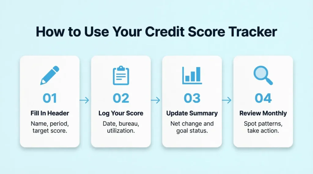 Four step process diagram showing how to use a credit score tracker template each month
