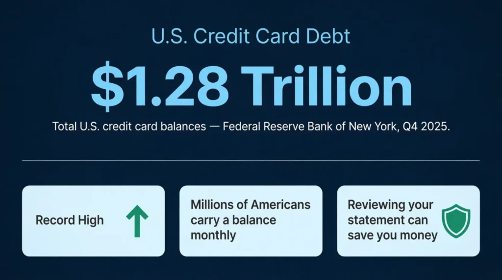 Infographic showing 1.28 trillion dollars in U.S. credit card debt from Federal Reserve 2025 report