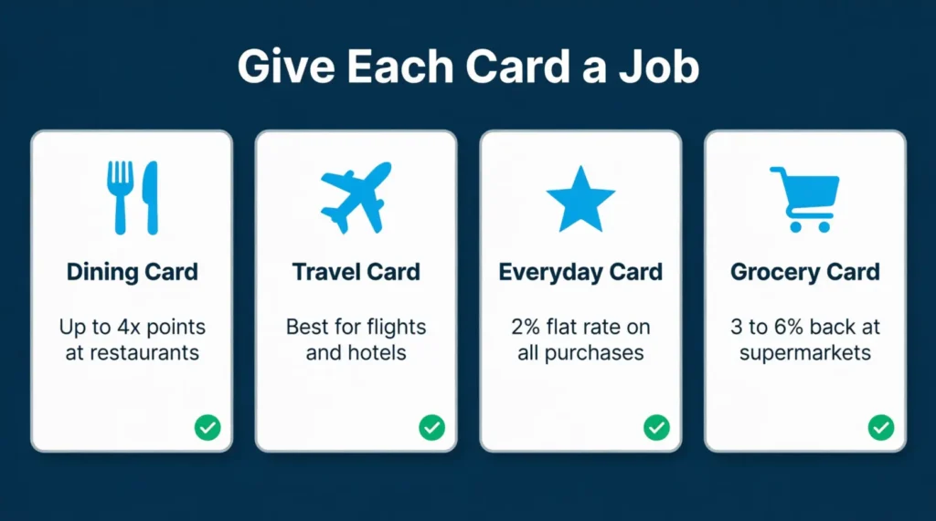 Four card icons side by side showing dining travel everyday and grocery spending roles