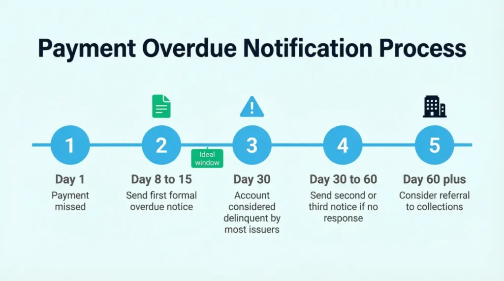 Horizontal timeline showing five milestones for when to send a formal overdue payment notice