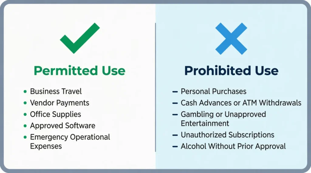 Side by side comparison chart showing permitted and prohibited company credit card uses