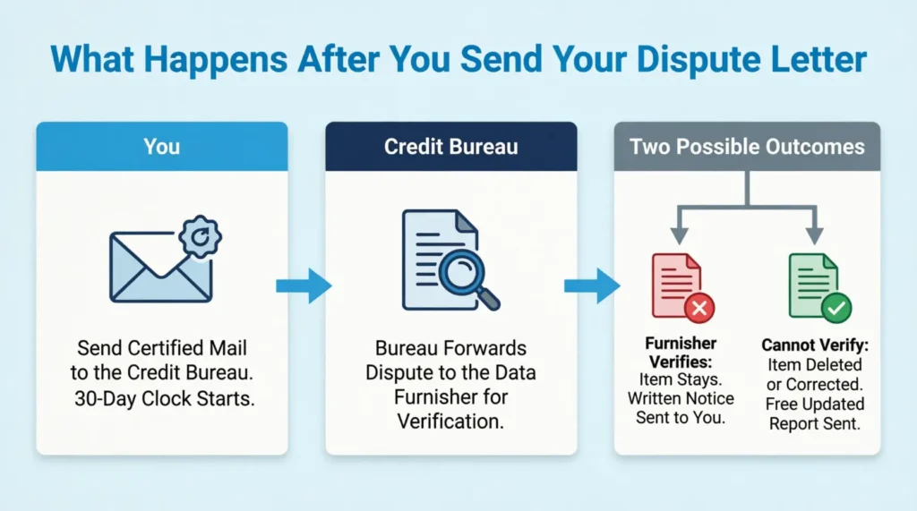 Three-panel process diagram showing what happens after a dispute letter is received by a credit bureau