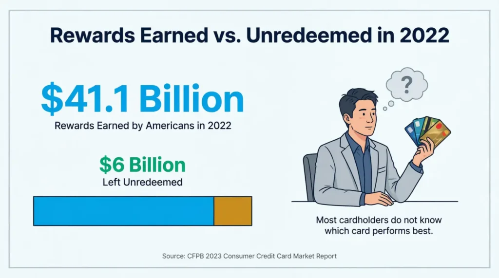 Infographic showing billions in credit card rewards earned versus billions left unclaimed
