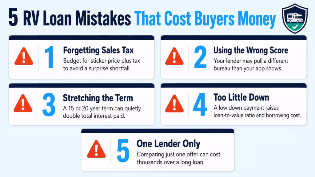 Five common RV loan mistakes displayed as warning cards covering tax, credit score, loan term, down payment, and lender comparison