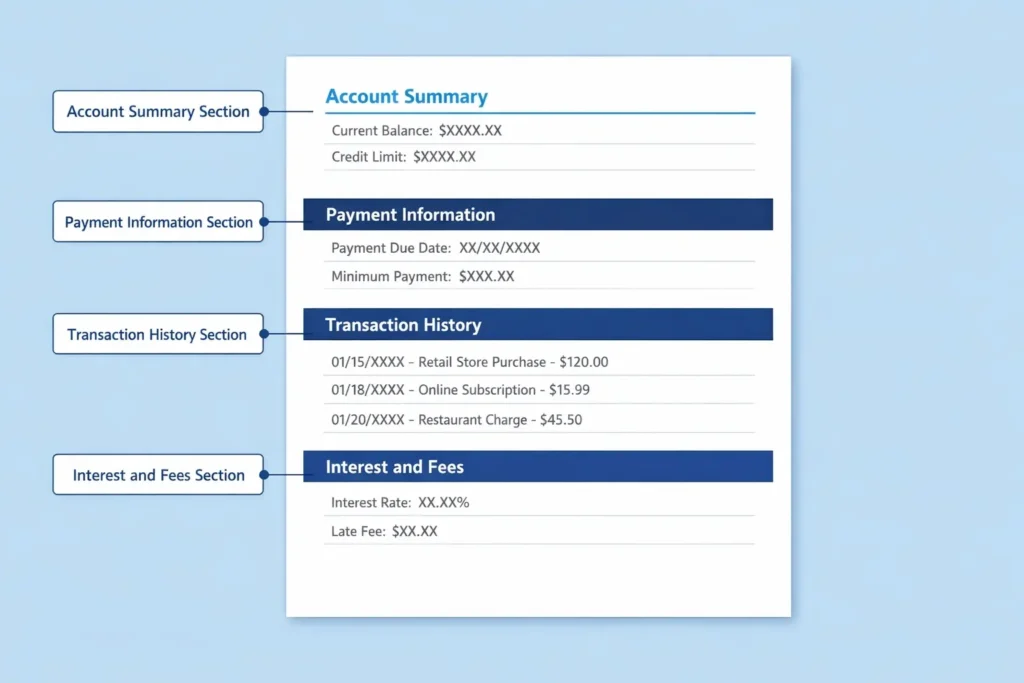 Annotated diagram showing the four main sections of a credit card statement layout