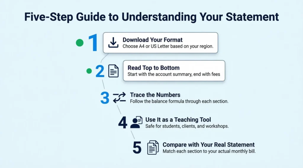 Five step infographic showing how to read and use a sample credit card statement PDF template

